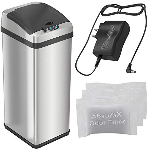 iTouchless Touchless Trash Can with AC Adapter, 3 Odor Filters Big Lid Opening Sensor Kitchen Garbage Bin, 13 Gallon, Stainless Steel, Platinum