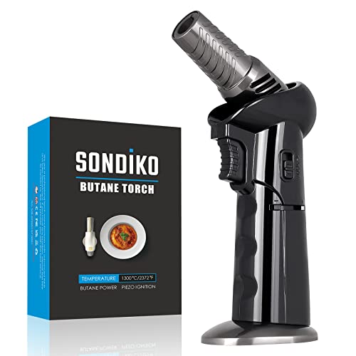 Sondiko Butane torch, Professional kitchen torch with Safety Lock Adjustable Flame Refillable Torch Lighter for Desserts, Food Melting,Cooking, BBQ and Baking(Butane Gas Not Included)