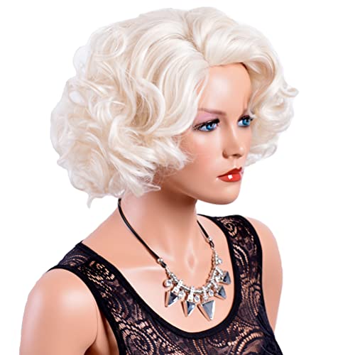 GNIMEGIL Short Blonde Curly Wigs for Women Big Wave 60s Flip Wigs Cosplay Costume Party Synthetic Platinum Blonde Hair Natural Mommy Wigs with Wig Cap