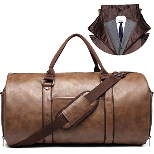 BOLOSTA Carry on Garment Bags for Travel Leather Garment Duffle Bag Convertible Mens Suit Travel Bags with Shoe Compartment,Waterproof,Perfect for Business Travel/Husband Gifts (Brown)
