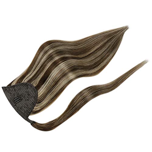 Ponytail Human Hair Extensions Straight Ponytail Hair Color Darker Brown Highlighted Strawberry Blonde Hair Ponytail Pieces Wrap Around Ponytail Hair Extensions 16 Inch 80g