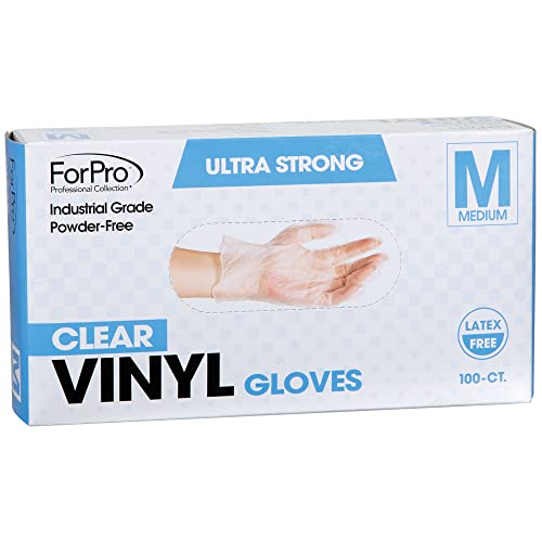 ForPro Professional Collection Disposable Vinyl Gloves, Clear, Industrial Grade, Powder-Free, Latex-Free, Non-Sterile, Food Safe, 2.75 Mil. Palm, 3.9 Mil. Fingers, Medium, 100-Count