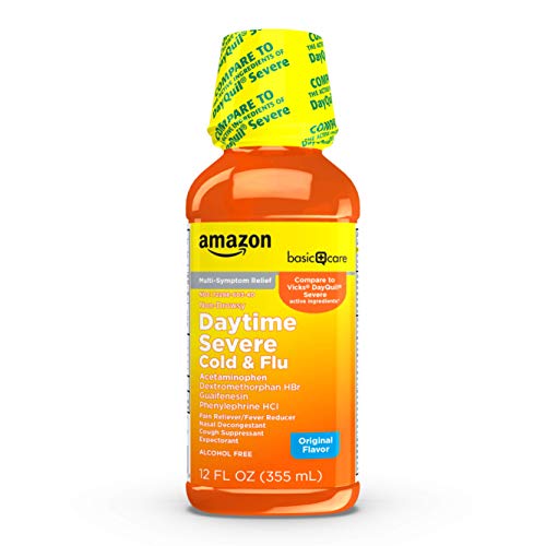 Amazon Basic Care Severe Daytime Cold and Flu Relief, Maximum Strength Liquid Cold Medicine; Relieves Aches, Pain, Fever, Cough, Nasal Congestion, Sore Throat, Chest Congestion, 12 Fluid Ounces