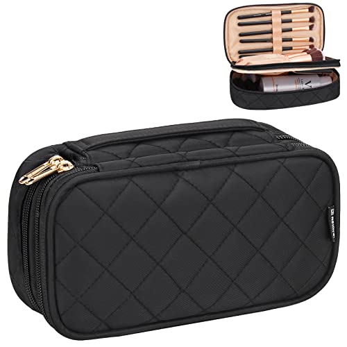 Small Makeup Bag, Relavel Cosmetic Bag for Women 2 Layer Travel Organizer Black Handbag Purse Pouch Compact Capacity Daily Use, Brush Holder, Waterproof Nylon, Durable Zipper (Black)