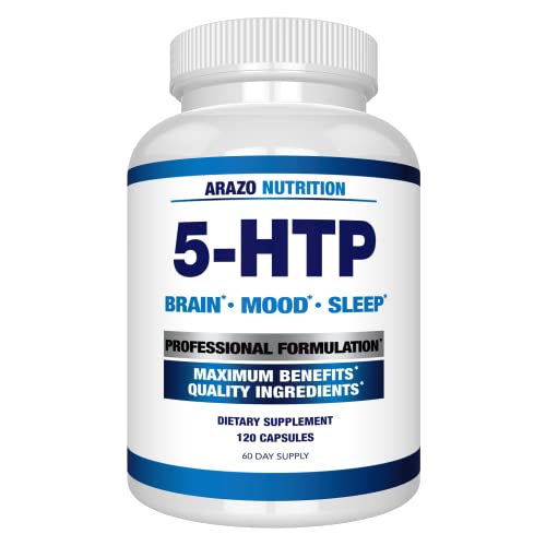 Arazo Nutrition 5-HTP 200mg Plus Calcium for Mood, Sleep – Supports Calm and Relaxed Mood – 99% High Purity – 120 Capsules