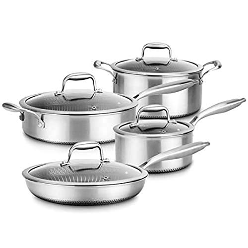 8-Piece Triply Cookware Set Stainless Steel - Triply Kitchenware Pots & Pans Set Kitchen Cookware, Non-Stick Coating - Sauce Pot, Stew Pot, Cooking Pot, Frying Pan, Lids - NutriChef NC3PLY8Z