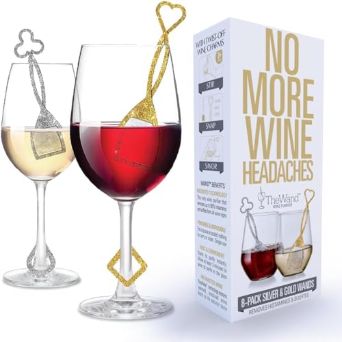 PureWine Silver & Gold Wand Filters Histamines and Sulfites - May Reduce and Alleviate Allergies & Sensitivities - Purifier Aerates to Restore Taste & Purity - Includes Wineglass Accessory