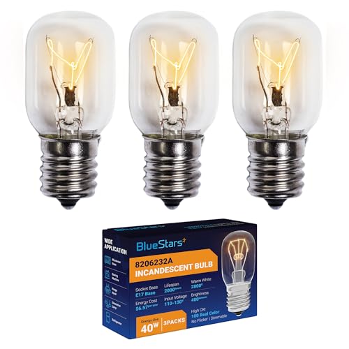 BlueStars 3 Packs 8206232A Microwave Light Bulb 40W 125V E17 Base for Under Hood Microwave Bulb, Lava Lamp, Salt Lamp Bulbs - Replaces 1890433 8206232 AP4512653