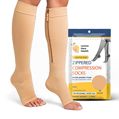 Zipper Compressions Socks for Men - Open Toe 20-30 mmHg Pregnancy Compression Socks for Women - Support Compression Stockings for Nurses, Running, & Diabetics Use – XL, Beige [1 Pair]