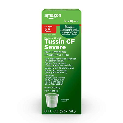 Amazon Basic Care Tussin Severe CF Max Syrup, Multi-Symptom Cough, Cold and Flu Liquid Medicine, Non-Drowsy, Relieves Cough, Sore Throat, Body Aches, Fever, Nasal and Chest Congestion, 8 Fluid Ounces