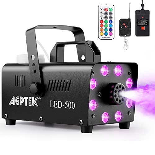 Smoke Machine, AGPTEK Fog Machine with 13 Colorful LED Lights Effect, 500W and 2000CFM Fog with 1 Wired Receiver and 2 Wireless Remote Controls, Perfect for Wedding, Halloween, Party and Stage Effect