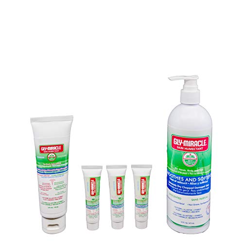 GLY MIRACLE Skin Humectant Hand & Body Lotion 5 Piece Bundle Deep, Nourishing Hydration for Dry, Cracked, Irritated Skin; One 16 oz Pump, One 4 oz Tube and Three .5 oz Travel Tubes