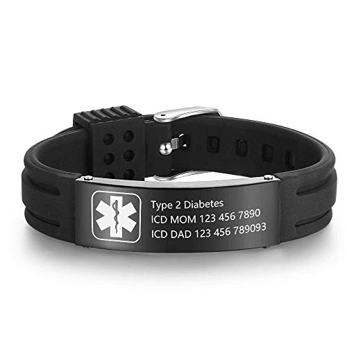 OPALSTOCK Personalized Adjustable Medical Bracelets Sport Emergency ID Bracelets Free Engraving 9 Inches Silicone Waterproof ID Alert Bracelets for Men Women Kids (Black-black)
