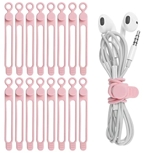 Nearockle 16Pcs Silicone Cable Straps Wire Organizer for Earphone, Phone Charger, Mouse, Audio, Computer, Reusable Fastening Cable Ties Cord Organizer in Home, Office, Kitchen, School (Pink)