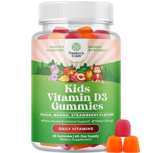 Chewable Vitamin D Gummies for Kids - Delicious Kids Vitamin D 1000 IU Per Serving Gummy Vitamins for Kids and Toddlers Immune Support Plus Muscle Teeth and Bone Health - Gelatin Free Fruit Flavors