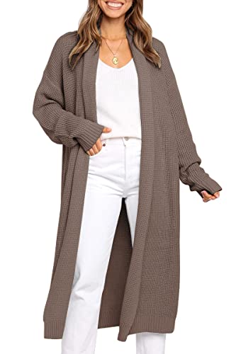 Womens Long Cardigan Sweaters 2022 Boyfriend Plus Size Casual Cozy Ribbited Knit Cardigans with Pockets Outwear Khaki