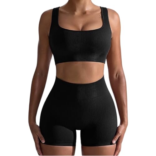 OQQ Women's Workout 2 Piece Seamless Ribbed High Waist Legging Sports Exercise Set Bra Outfit, Black, Medium