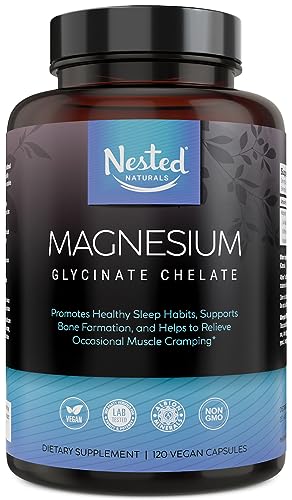 Nested Naturals – Magnesium Glycinate Chelate Supplement 200mg Per Serving High Absorption Vegan Capsules for Muscle Leg Cramps Stress Relief Bedtime Ease – 100% Chelated TRACCS Buffered Gluten-Free Non-GMO