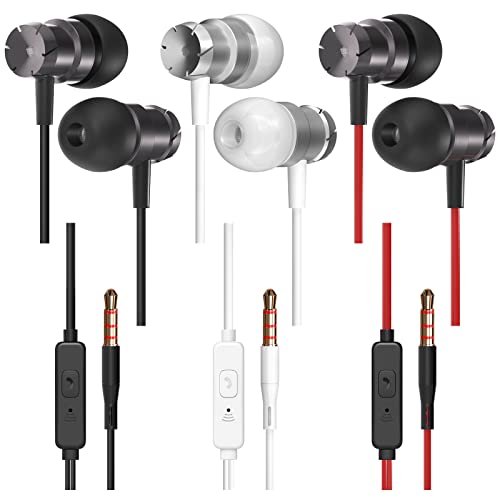 Kirababy Earphones 3 Pack in-Ear Headphones with Microphone, Wired Earbuds for iOS and Android Smartphones, Laptops, MP3, Gaming, Walkman(Black+White+Red)