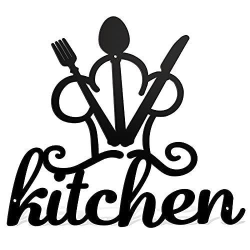 Kitchen Metal Sign Black Wall Sign Rustic Cutout Kitchen Wall Decor Metal Wall Hanging Word Decor Kitchen Sign Fork Spoon Knife Wall Sign for Home Kitchen Living Room 15.7 x 15.9 Inches