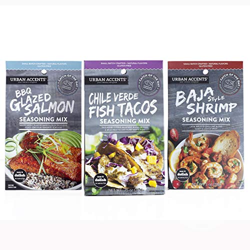 Urban Accents Gluten Free Main Dish Seafood Seasoning Bundle - Seafood Spice & Seasoning Packs (Set of 3) – Baja Shrimp, BBQ Glazed Salmon & Chile Verde Fish Taco Seasoning for Cooking