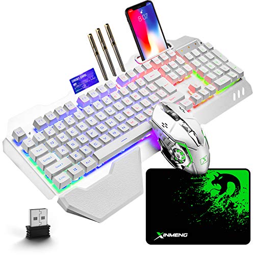 Wireless Gaming Keyboard and Mouse with Removable Palm Rest Rainbow LED 16RGB Backlit Rechargeable 4800mAh Battery Metal Panel Mechanical Ergonomic Waterproof Dustproof for Laptop PC Gamer(White RGB)