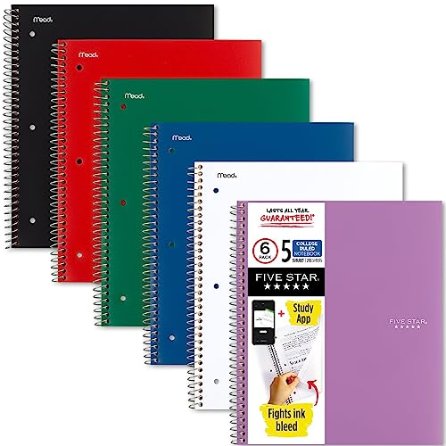 Five Star Spiral Notebooks + Study App, 6 Pack, 5 Subject, College Ruled Paper, Fights Ink Bleed, Water Resistant Cover, 8-1/2' x 11', 200 Sheets, Black, Red, Green, Blue, White, Purple (73793)