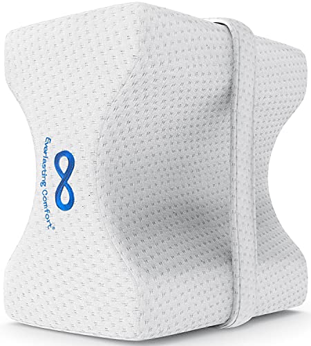 Everlasting Comfort Knee Pillow for Side Sleepers - Dual Concave Design Aligns Spine and Relieves Pressure - Memory Foam Leg Pillow w/Strap for Back, Hip, Sciatica Pain Relief - Wedge Pillow for Legs