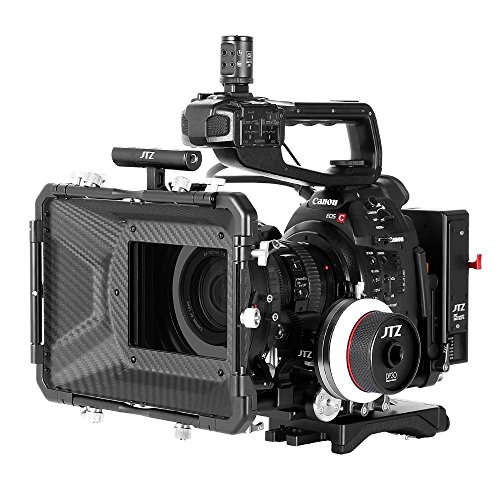 JTZ DP30 Camera Cage with Universal 15mm Rail Rod Baseplate Rig+4×4' Carbon Fiber Matte Box+Follow Focus+Power Supply (LE Version) for Canon Cinema EOS C100 C300 C500 Mark II 2 Video Cameras