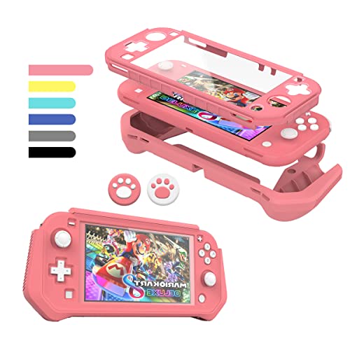 Switch Lite Case Protective Case for Nintendo Switch Lite, Compatible with Nintendo Switch Lite Screen Protector Cover Hand Grip Case with Detachable TPU+Built-in PC Screen + 2 Thumb Grip Caps, Pink