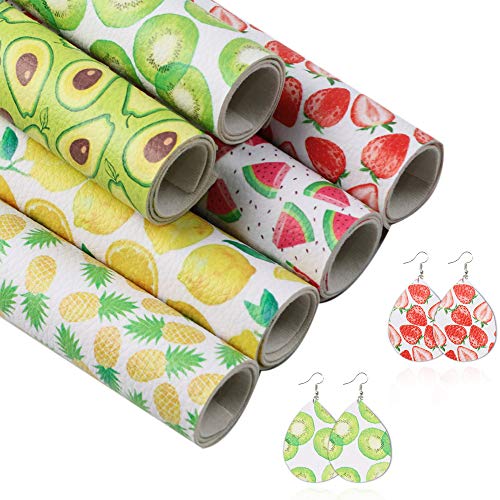 David Angie 6Pcs A5 Size 5.9' x 8.2' (15 x 21 cm) Summer Fruits Faux Leather Sheet Pineapple Avocado Printed Synthetic Leather Sheet for DIY Earrings Bows Making (Assorted)