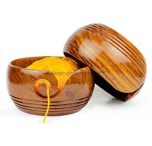 Solid Teak Wood Crafted Wooden Yarn Ball Storage Bowl with Spiral Yarn Dispenser & Decorative Rings | Knitting Crochet Accessories | Nagina International (Rosewood, Large)