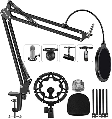 Microphone Stand for Blue Yeti, Snowball, Boom Arm Scissor Mic Stand with Shock Mount, Windscreen and Double layered Pop Filter, Heavy Duty Mic Boom Arm Stand, Broadcasting and Recording.Game