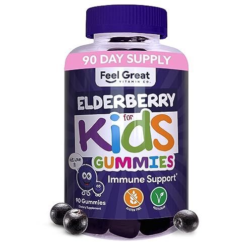 Feel Great Kids Elderberry Gummies with Zinc and Vitamin C | Kids Immune Support Sambucus Elderberry Gummies | Berry Flavored Vegan Kids Multivitamins | 90 Day Supply
