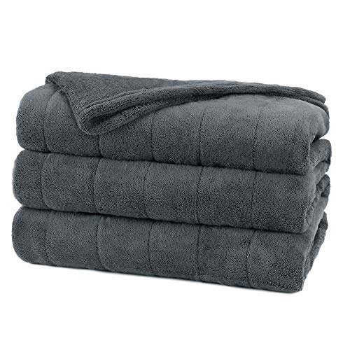 Sunbeam Channeled Soft Microplush Electric Heated Warming Blanket Queen Slate Gray Washable Auto Shut Off 10 Heat Settings