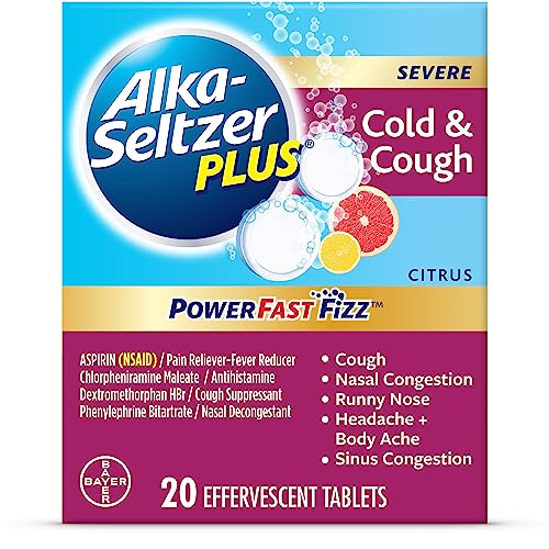 ALKA SELTZER PLUS Severe Non-Drowsy Cold & Cough Powerfast Fizz Effervescent Common Cold Tablets, Sinus Congestion, Runny Nose, and Dry Cough, Citrus Flavor, 20 Count (Pack of 1)