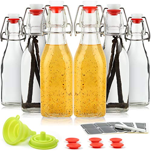 WILLDAN Set of 6-8.5oz Swing Top Glass Bottles - Flip Top Brewing Bottles For Kombucha, Kefir, Vanilla Extract, Beer - Airtight Caps and Leak Proof Lids, Bonus Gaskets and Funnel