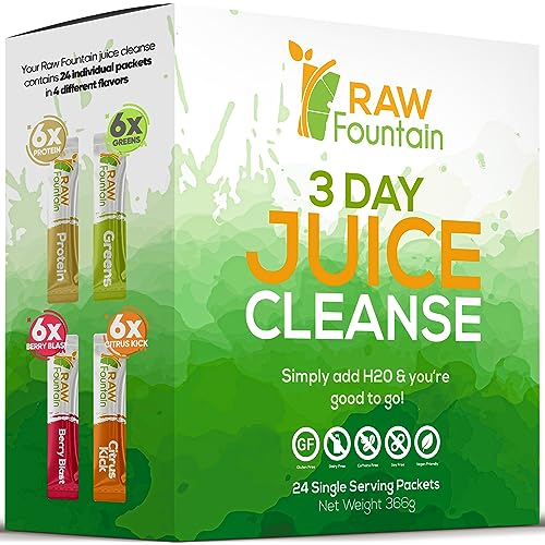 Raw Fountain 3 Day Juice Cleanse Detox, Weight Management Program, 24 Powder Packets, Travel and Vegan Friendly, 4 All Natural Flavors, Includes Protein (3 Day)