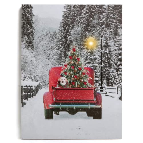 NIKKY HOME 16' x 12' Christmas LED Lighted Canvas Wall Art Prints Red Truck Tree and Dog Picture Snowy Landscape Winter Scene for Holiday Decor