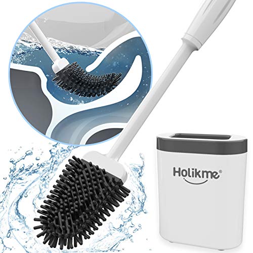 Holikme Silicone Toilet Brush and Holder Set for Bathroom, Deep-Cleaning Toilet Bowl Brush with Non-Slip Long Plastic Handle, Bendable Brush Head to Clean Toilet Corner Easily,White