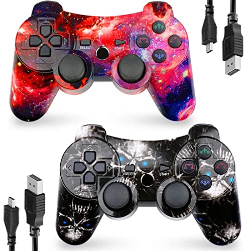 CHENGDAO PS3 Controller 2 Pack Wireless 6-Axis Controller for Playstation 3 with High-Performance Double Shock, Motion Control, USB Charging Cable (Skull + Galaxy)