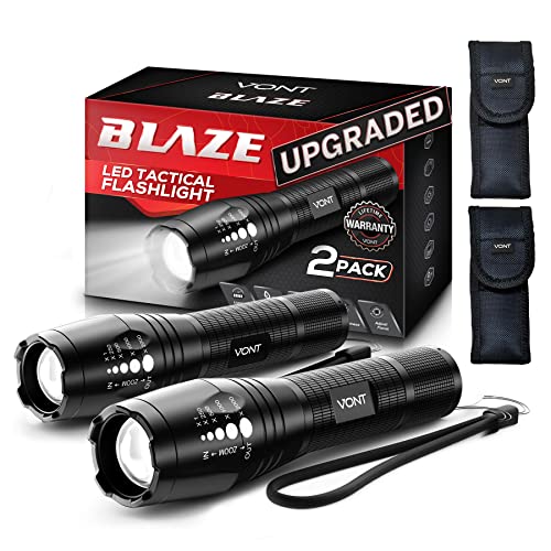 Vont LED Tactical Flashlight, [2 Pack] 2X Longer Battery Life, 5 Modes, High Lumen, Adjustable, Zoomable,Waterproof, Lightweight,Bright Flashlights/Flash Light Gear/Accessories/Camping Supplies