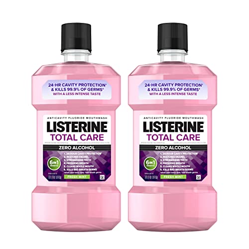 Listerine Total Care Anticavity Mouthwash, Fluoride Rinse, Zero Alcohol, Fluoride Rinse, Bad Breath Treatment, Mouthwash for Adults; Fresh Mint Flavor, 1 L (Pack of 2)
