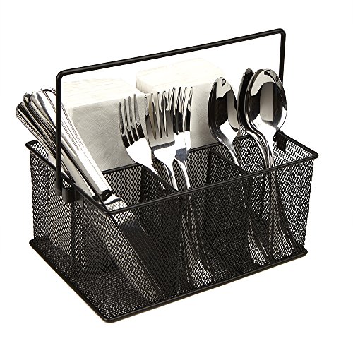 Mind Reader Storage Basket Organizer, Utensil Holder, Forks, Spoons, Knives, Napkins, Perfect for Desk Supplies, Pencil, Pens, Staples, Black, 4 Compartments