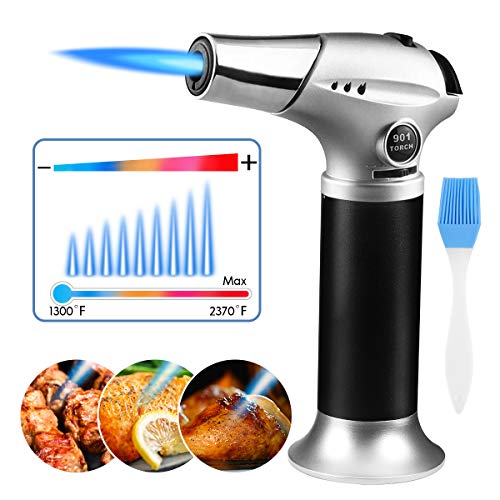 Butane Torch, Cooking Torch Refillable Culinary Torch with Safety Lock Adjustable Flame Mini Blow Torch Lighter for Crafts Cooking BBQ Baking Brulee Creme, Christmas Gift Silver