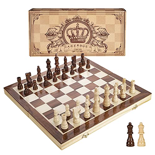 AMEROUS 15 Inches Magnetic Wooden Chess Set - 2 Extra Queens - Folding Board, Handmade Portable Travel Chess Board Game Sets with Game Pieces Storage Slots - Beginner Chess Set for Kids, Adults