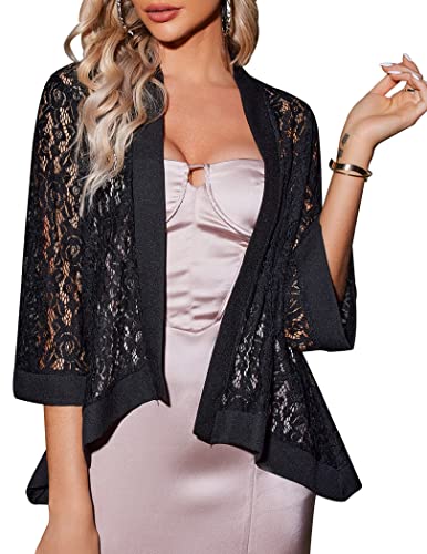 Zeagoo Women's Asymmetric Hem See Through Open Front 3 4 Sleeve Black Cardigan Cover up, Black, Large