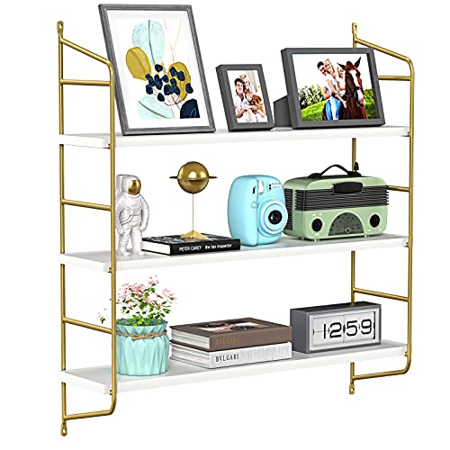 AMADA HOMEFURNISHING Floating Shelves, Wall Shelves 3 Boards Adjustable, White and Gold Shelf for Living Room, Bedroom, Bathroom, Kitchen - AMFS15