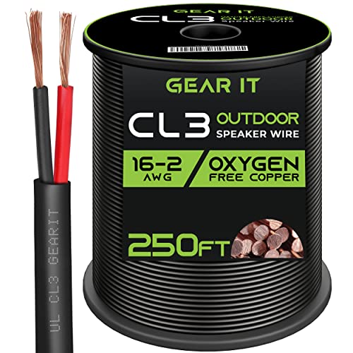 GearIT 16/2 Speaker Wire (250 Feet) 16AWG Gauge - Outdoor Direct Burial in Ground/in Wall / CL3 CL2 Rated / 2 Conductors - OFC Oxygen-Free Copper, Black 250ft