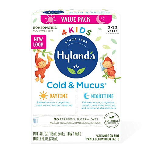 Kids Cold Medicine and Mucus Relief for Ages 2+, Hylands 4 Kids Cold 'n Mucus, Day and Night Value Pack, Syrup Cough Medicine, Nasal Decongestant and Allergy Relief, 4 Fl Oz (Pack of 2)